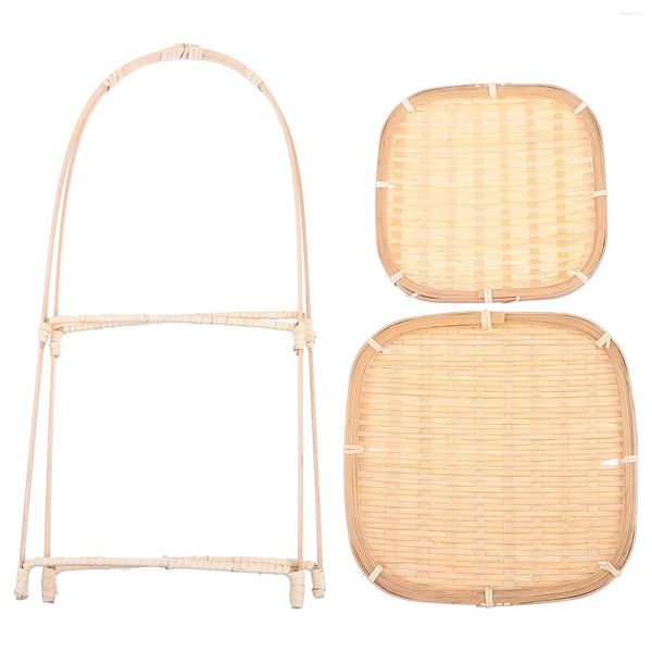 Conjuntos de louça cesta tecida bambu lanche stand recipiente de armazenamento artesanal frutas vegetais cozidos pão duplo-deck sobremesa