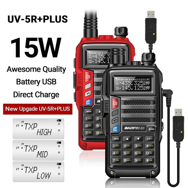 Baofeng UV5R Plus 15 Вт UHFVHF TriPower Walkie Talkie 50 км USB Обновление дальнего действия UV 5R UV10R S9 двустороннее радио 240229