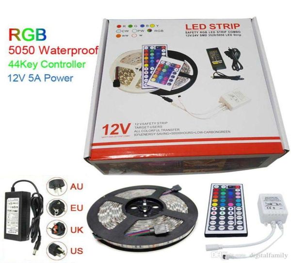 Светодиодная лента RGB 5M 5050 SMD 300Led Водонепроницаемый IP65 44-клавишный контроллер Блок питания Трансформатор с коробкой Рождественские подарки Reta2416613