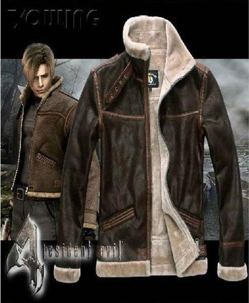 Re4 Resident Evil 4 IV Leon Kennedy PU Faux Deri Kürk Ceket Tüm Boy Boy Deri Kostümler Uzun Longsleeve Ceket DHL 3487058