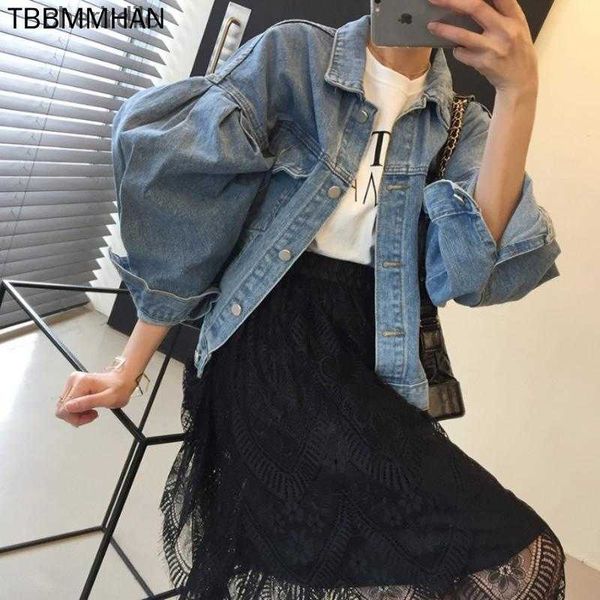 Damenjacken Jacken Koreanische blaue Frauen Denim einreihige Plissee Puffärmel kurze Herbst Chaqueta Mujer Casual Jeans 240301