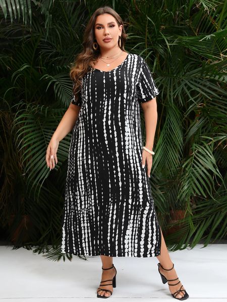 Plus-Size-Kleid für Damen, Sommer, V-Ausschnitt, kurze Ärmel, weiß, schwarz, gestreift, bedruckt, Freizeitkleid, lockeres, übergroßes Maxi-Langkleid 240228