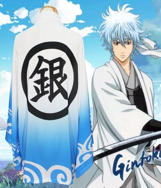 Um tamanho japão anime gintama sakata gintoki azul cosplay unisex traje haori chiffon roupão quimono pijamas cloak7999514