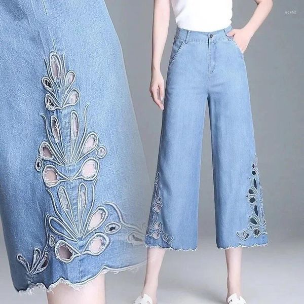 Женские джинсы, летние оверсайз, широкие винтажные синие мешковатые прямые джинсовые брюки с высокой талией, повседневные капри LJ353