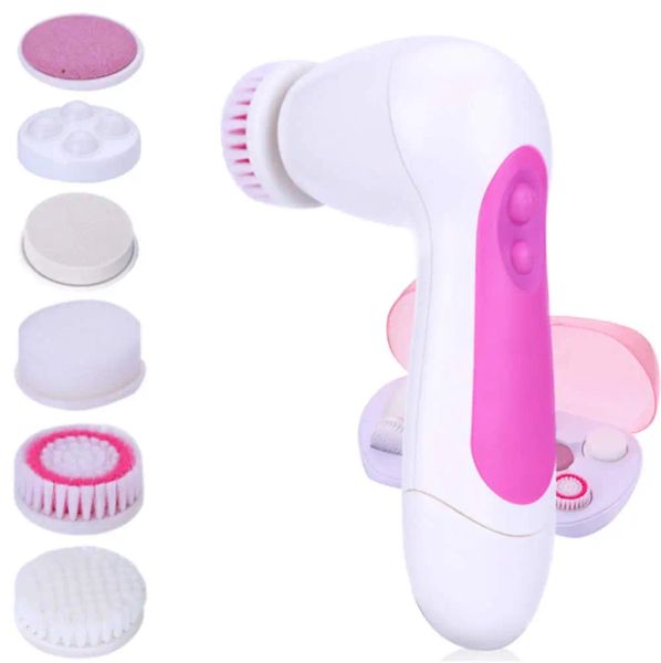 Dispositivos 6 em 1 360 Rotating Face Body Cleansing Brush, 2 velocidades Cleaner Hine Shower Back Spin Brush Ferramentas de cuidados com a pele com estojo de transporte