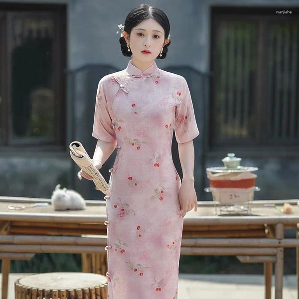 Roupas étnicas estilo chinês vestido vintage botão qipao rosa senhora slim cheongsam elegante vestido de festa formal para mulheres impressão