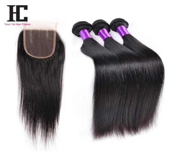 Cabelo liso brasileiro com fechamento 3 pacotes tecer cabelo humano com fechamento 7a cabelo virgem não processado brasileiro em linha reta hc hair1185706