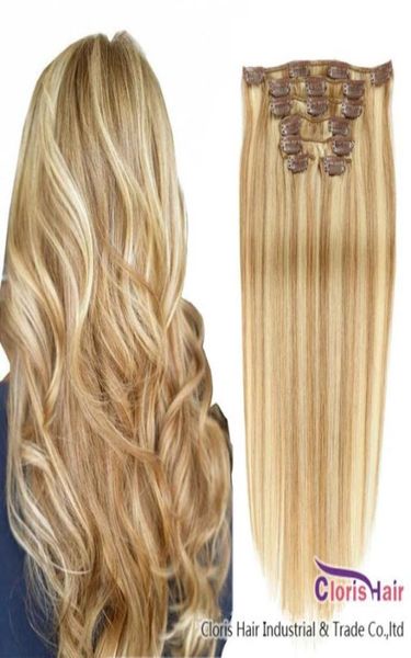 Markieren Sie honigblonde Clip-Ins für Echthaarverlängerungen Panio Color 27613, gerade, brasilianisches Remy-Gewebe, dicke Clip-Ins 736814276