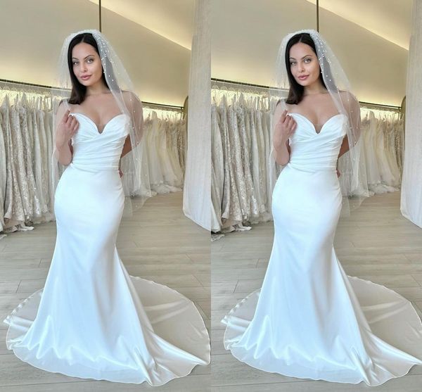 Elegante plus size simples sereia vestidos de casamento querida cetim drapeado plissado backless tribunal trem vestidos de noiva segunda recepção vestidos personalizados