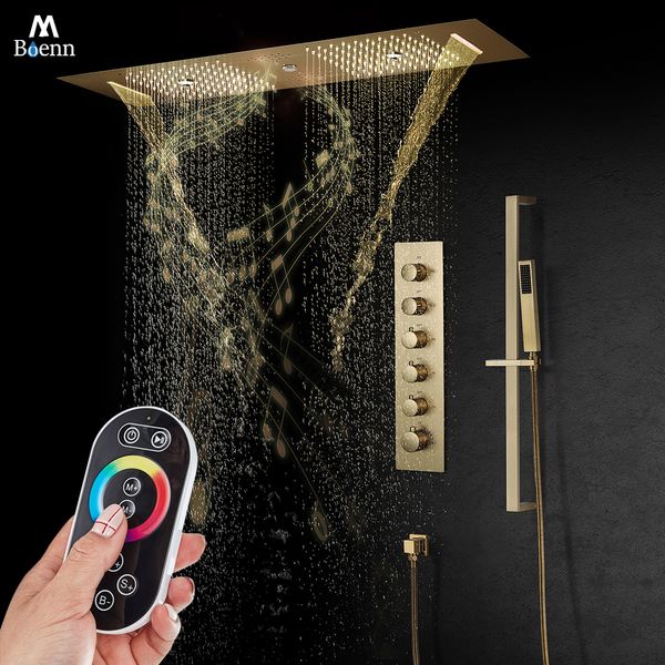 M Boenn Set di rubinetti per doccia da bagno Sistema doccia in oro Soffitto incorporato Appello emotivo Multi funzioni Coppia docce Soffione miscelatore termostatico intelligente Ottone