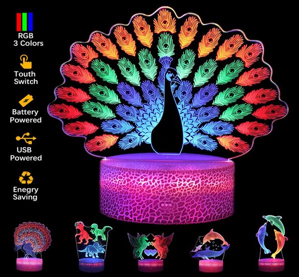 3D-Nachtlichter, bunt, 3 Acrylplatten, mehrere Formen, LED-Sockellampe, Spielmusik, Basketball, Pfau, Tierliebe, Licht für Kinder, Geschenk 1570708