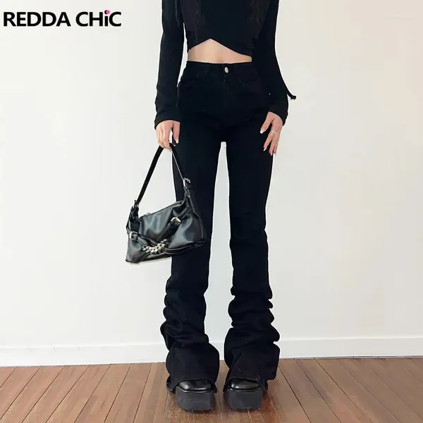 Damenjeans REDDACHiC Stretch Slim Stacked Flare Harajuku Schwarz Uni Lässige Bootcut-Hose mit hoher Taille Vintage Y2k Bell Bottoms