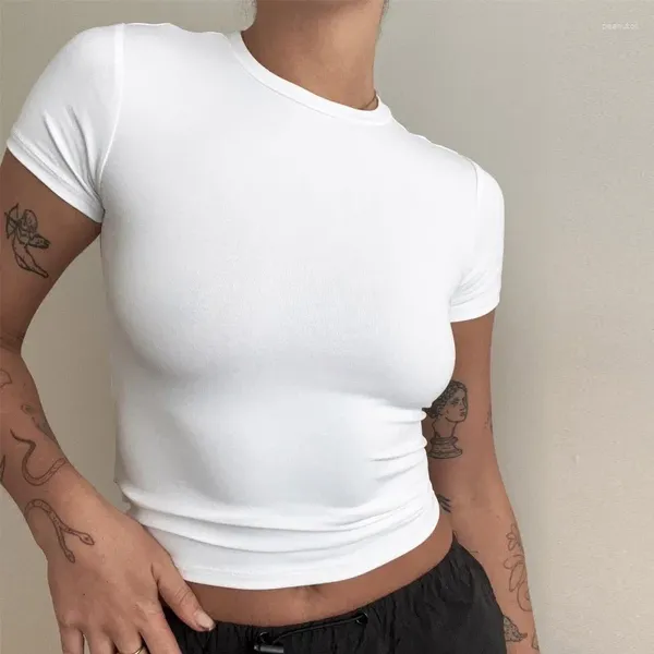 T-shirt da donna T-shirt bianca a maniche corte da donna Estate 2024 Casual Base rossa Crop Top Y2k O-Collo Tee Shirt Ladies Simple Stretch Slim