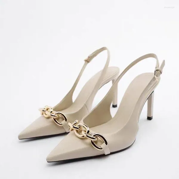 Kleid Schuhe Frauen Beige Stiletto High Heels Mode Metall Kette Sandalen Sexy Spitz Flacher Mund 41 Größe Sonderpreis