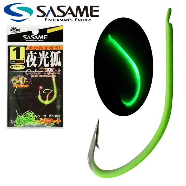 Anzóis Sasame 50 pcs Luminous Fishing Hooks Japão Original Long Shank Fishhook Farpado Alto Aço Carbono Acessórios de Pesca no Gelo Enfrentar