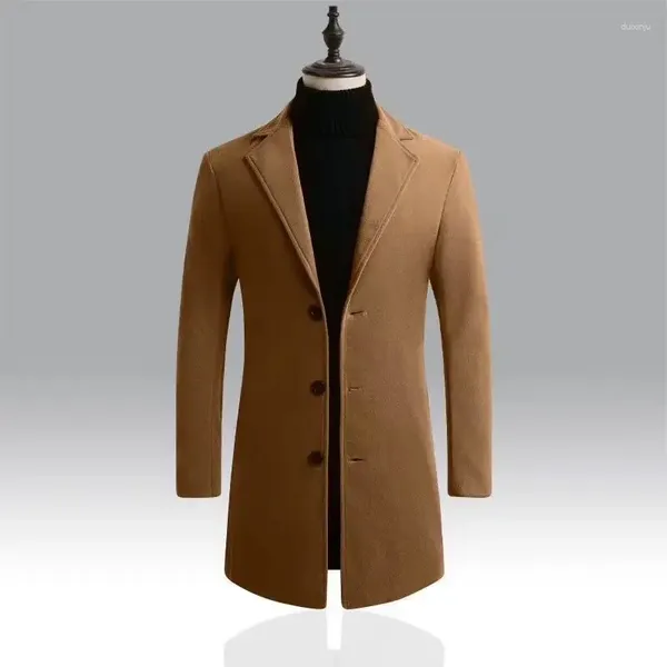 Casacos masculinos de algodão longo blusão para homens mistura de lã casaco cor pura casual negócios moda roupas jaqueta fina