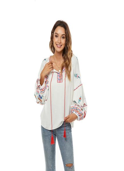 Women039s Blusen Hemden Boho Rayon Baumwolle O-Ausschnitt Pullover bestickt Top Krawatte Schleife Langarmshirt Damen für Frauen Blusone9102069