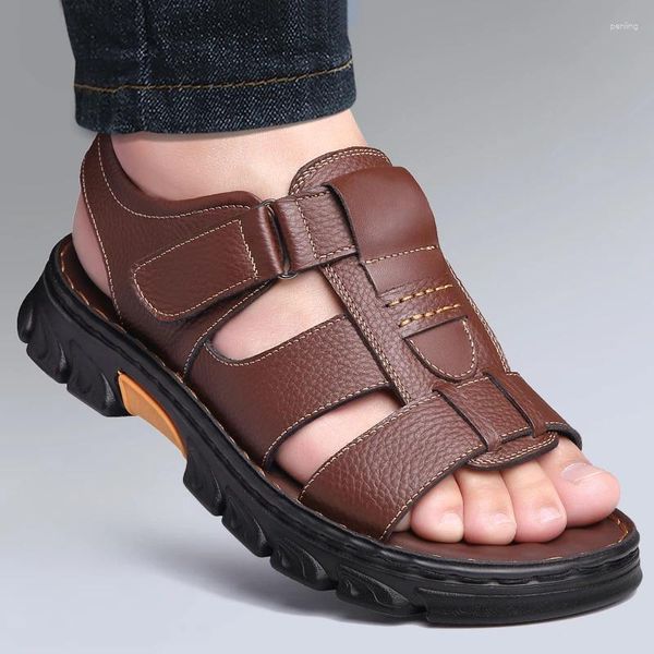 Sandalen aus echtem Leder für Herren, Sommer- und Hausschuhe für Erwachsene, Strandschuhe mit dicken Sohlen, rutschfest, offener Zehenbereich