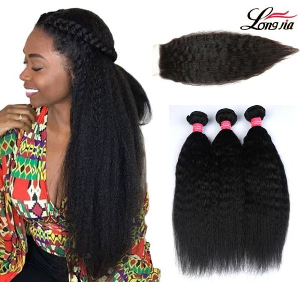 Fasci di tessuto per capelli lisci Yaki malesi di Charmingqueen con parte di chiusura 100 capelli umani lisci crespi 3 pacchi con pizzo4778326006351