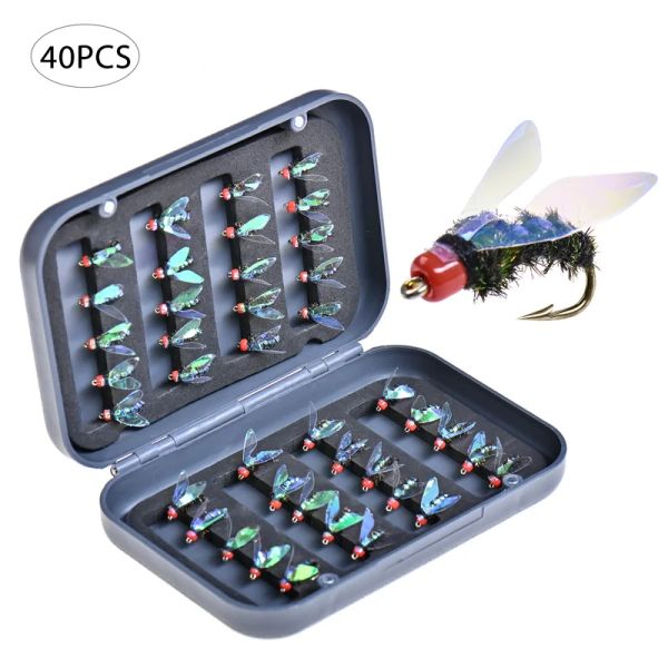 Esche 40 Pz/scatola Pesca A Mosca Perlina Testa Affondamento Veloce Ninfa Scud Fly Bug Verme Pesca Alla Trota Mosche Kit Insetto Artificiale Esca per la pesca Lure