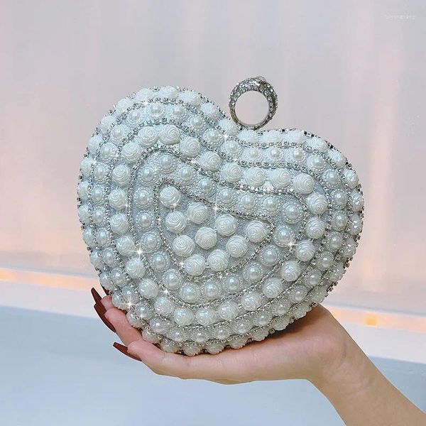 Abendtaschen Luxus Mode Herz Clutch Bag Feine schicke Perle Roseflower Perlen Dame Handtasche Strass Ring Kupplungen für Frauen Geldbörse