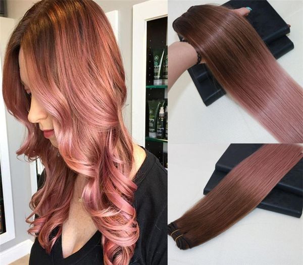 100 estensioni dei capelli umani russi vergini omber non trasformati in oro rosa con riflessi capelli remy tessitura dritta cucire in doppia trama Hai2954851