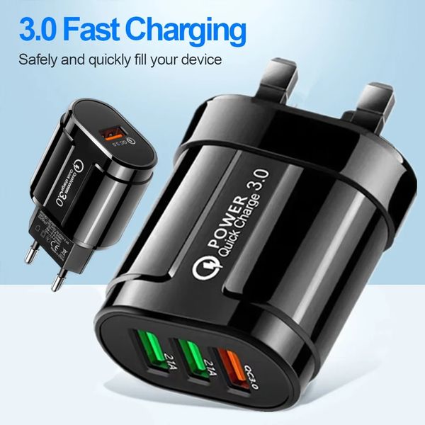 QC3.0 USB-Ladegerät, 28 W, 3 USB-Anschlüsse, Schnellladeadapter, QC 3.0 EU US UK-Stecker, Wand-Handy, Heim-Wandladegerät, Reiseadapter für iPhone für Samsung, Quick Charge 3.0