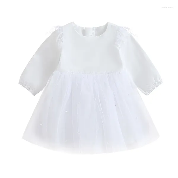 Vestidos de menina pudcoco crianças meninas vestido casual manga longa gola redonda penas pérolas retalhos tule princesa 6m-4t