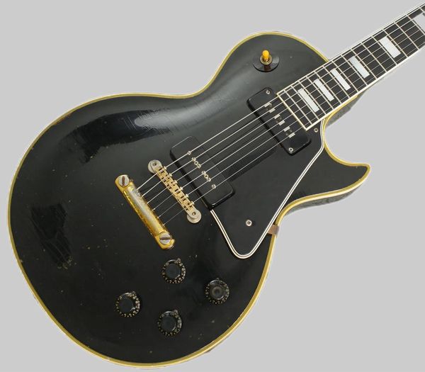 Özel 1958 Reissue P90 Pickup Siyah Güzellik Elektro Gitar Ebony Klavye, Sarı 5 Kat Bağlanma, Siyah Pickguard, Beyaz İnci Blok Kakma 3698