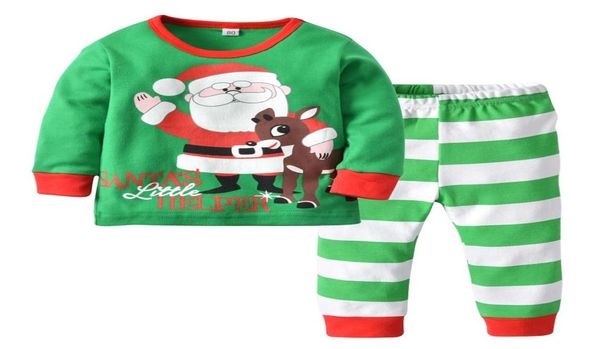 Рождественский Санта-Клаус с принтом для детей, хлопковые пижамные комплекты для мальчиков и девочек, зеленые полосатые топы с длинными рукавами для малышей, брюки Cloth3549831