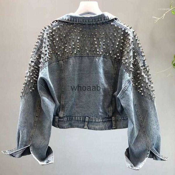 Kadın Ceket Ceketler Yingyuanfang Moda Yarasa Kollu Ağır İş Perçin Kısa Yıkalı Denim Ceket1 240301