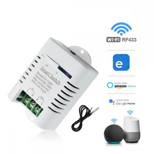 Controle ewelink th16 16a wifi interruptor inteligente sem fio temperatura umidade suporte rastreamento de status controle de casa inteligente, alexa google home