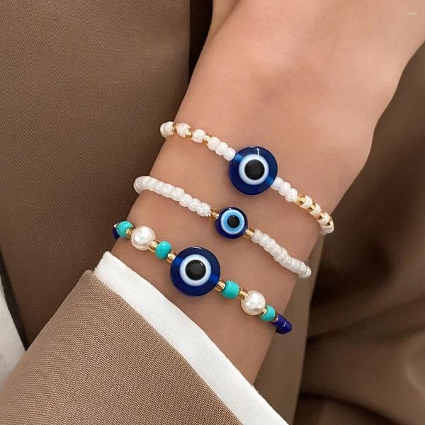 Braccialetti a maglie 3 pezzi di perline occhi azzurri per donne Occhio del male Regalo personalizzato Accessori per gioielli da festa coordinati