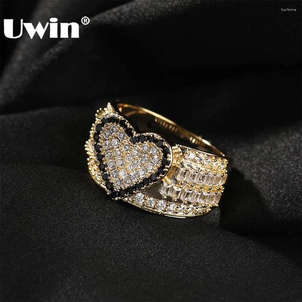 Anéis de casamento UWIN coração para mulheres meninas gelado preto/verde cz pedras baguettecz moda jóias presente