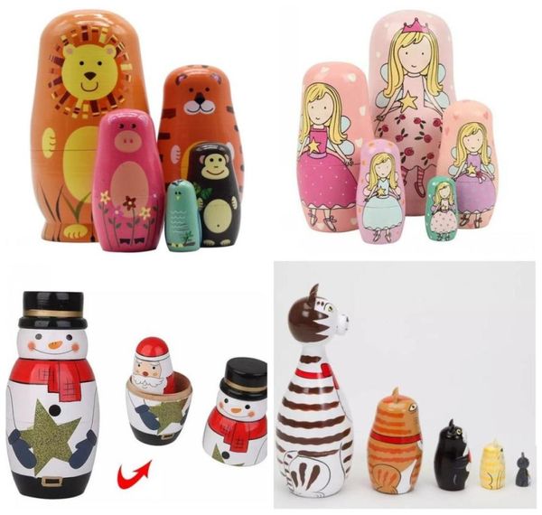 5 pzset Pittura Fatta A Mano Mestiere Pupazzo di Neve Babbo Natale Vernice Animale In Legno Nesting Doll Matrioska Giocattolo Russo Decorazione Della Casa Chris7661462