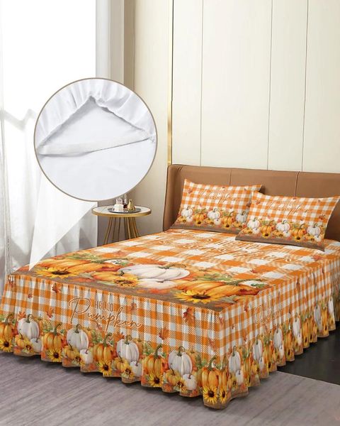 Saia de cama de ação de graças, abóbora, girassol, xadrez, elástico, colcha com fronhas, capa de colchão, conjunto de cama, lençol