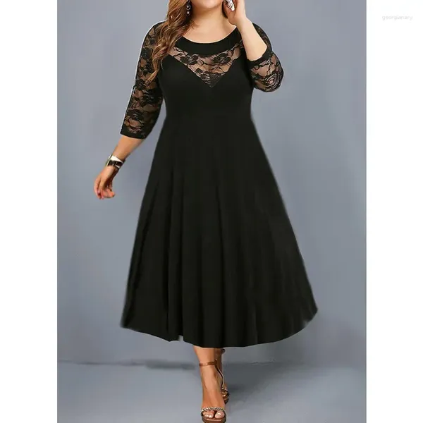 Abiti casual Primavera Autunno Pizzo Nero Taglie forti Girocollo Orlo grande Abito lungo Donna 6XL Maniche a tre quarti Abiti oversize De Fiesta