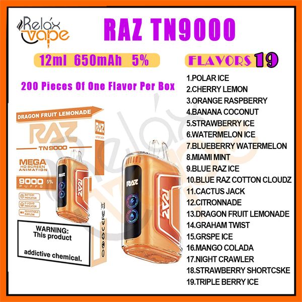 Аутентичные одноразовые сигареты RAZ TN9000 Puff Vape Pen Tech E, аккумулятор 650 мАч, 19 вкусов, 5% уровень, 12 мл картридж для капсул VS 9000 Puffs, комплекты устройств на складе