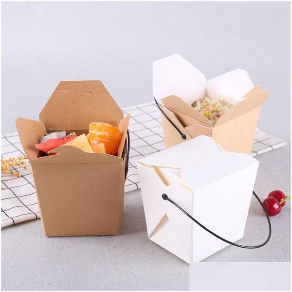 Confezione regalo 100Pc Carta Kraft Cartone Lunch Snack Furit Salad Box Usa e getta Fast Food Pasta Confezione da asporto con manico in plastica nera Dhdjz