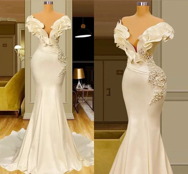 Vintage dubai pérolas sereia vestidos de casamento sexy fora do ombro elegante cetim babados vestidos de noiva vestido de noiva vintage