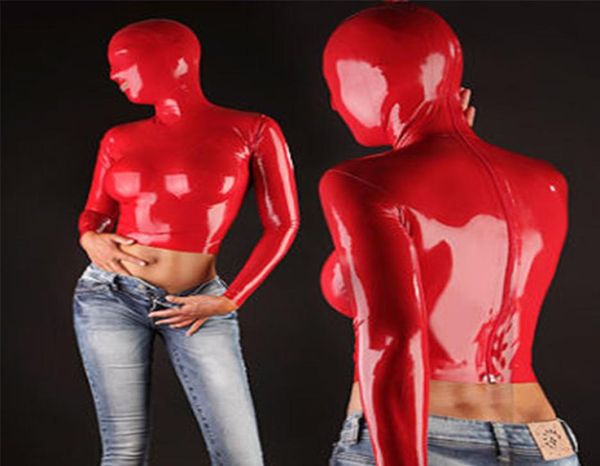 Tops de látex com capuzes 3D mama sexo látex fetiche bondage capuz para mulheres látex zentai mangas compridas tops camisa vermelha suit7948825