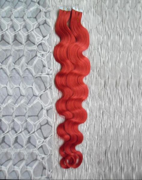 Fita vermelha no cabelo humano onda corporal brasileira extensões de fita de cabelo humano 40 pcs fita de onda de corpo natural em extensões de cabelo de trama de pele 19987931