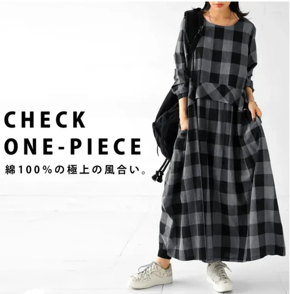 Vestidos casuais moda japonesa rua 2024 vintage plissado saia arte xadrez manga solta vestido feminino outono e inverno roupas