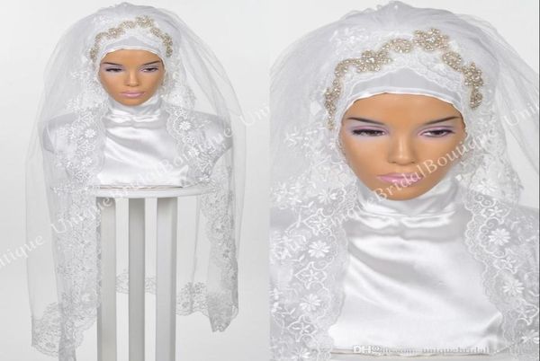 2019 lindos véus de noiva muçulmanos com miçangas strass real pos bling bling noivas muçulmanas hijab renda borda aplicada dedo2627983
