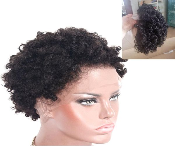 Cabelo humano afro kinky encaracolado perucas dianteiras do laço pré arrancadas linha fina pixie corte mongol curto remy cabelo onda peruca4690350