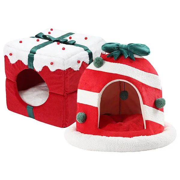 Tapetes de natal gato cama cão tenda casa esteira caixa de presente de natal forma semifechado lavável tenda de gato interior para cão gato filhote de cachorro gatinho