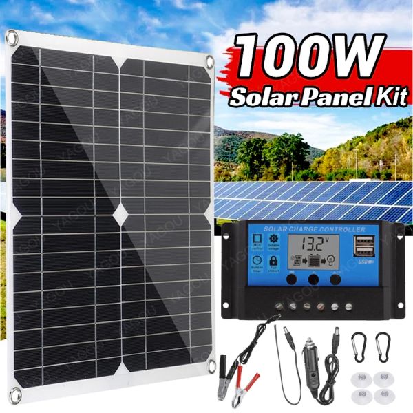 Güneş 100W Güneş Panel Kiti USB'li USB 12V 24V Taşınabilir Güneş Şarj Cihazı Cep Telefonu Güç Bankası Pil Kamp Araba Tekne RV