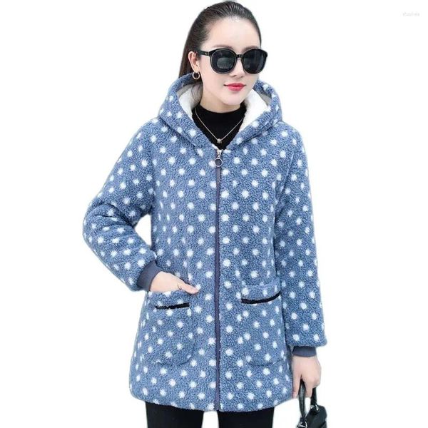 Frauen Fell Mittleren Alters Körniger Samt Mit Kapuze Polka Dot Mantel 2024 Winter Mode Mutter Warme Baumwolle-gepolsterte Kleidung Flut 5XL.