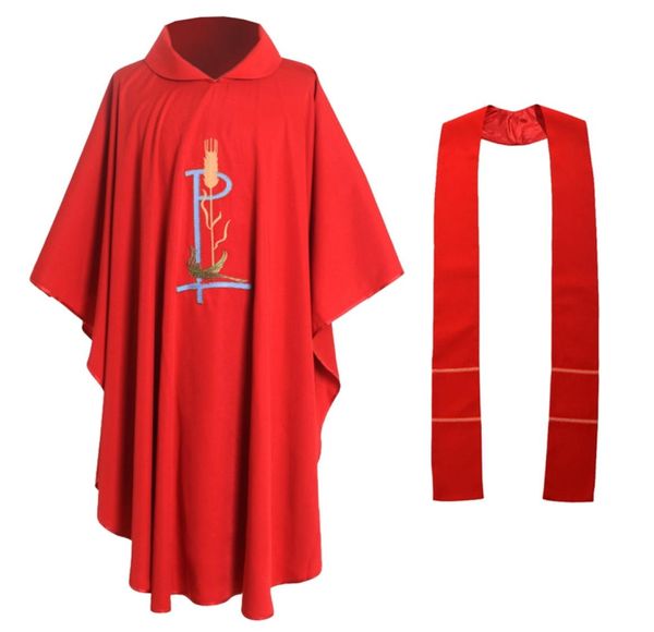 Trajes de religião sagrada para o clero igreja católica vermelha casula sacerdote vestimenta robe pássaro trigo bordado vestuário 3 estilos8334517