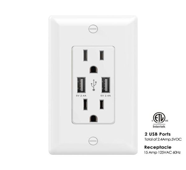 AIAWISS AWUS004 Smart Dual USB Charger Outlet 24A12W UltraHighSpeed2 Receptáculos 15A125V USB Wall ScoketWhite Black7766196